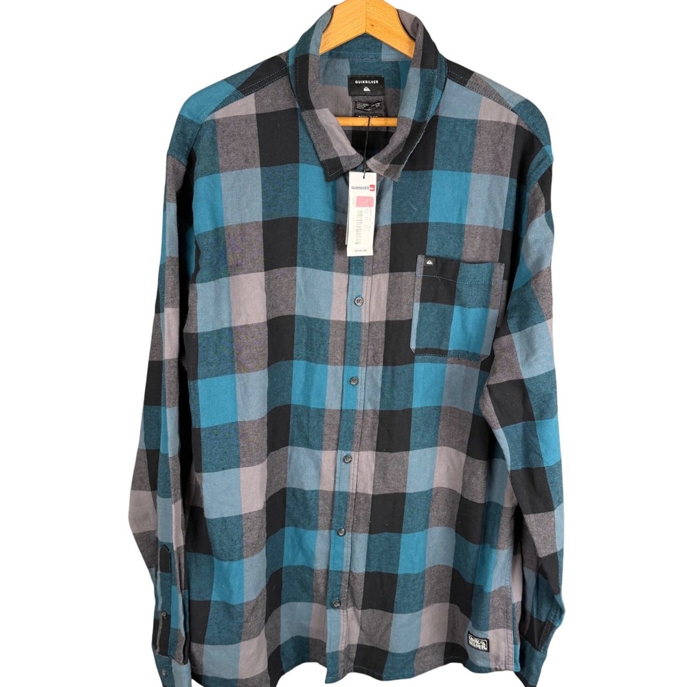 Quiksilver Motherfly Flannel Shirt Mens XXL Blue Grey Plaid Button Down New
